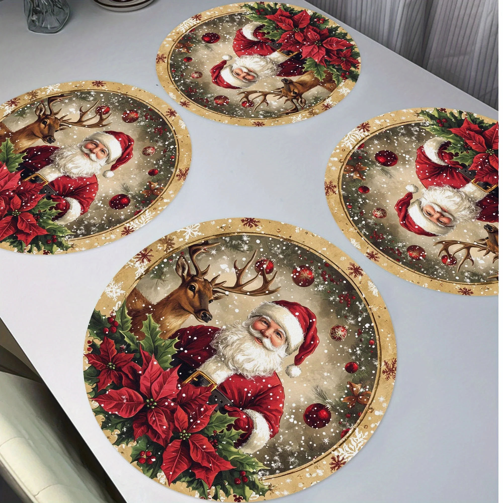 VIKAMA 4-teilige Weihnachtsmann-Tischsets mit Rentier und Goldrand, Urlaubsversammlung, Familie, Esstisch, Dekoration, Zubehör, Partydekorationen