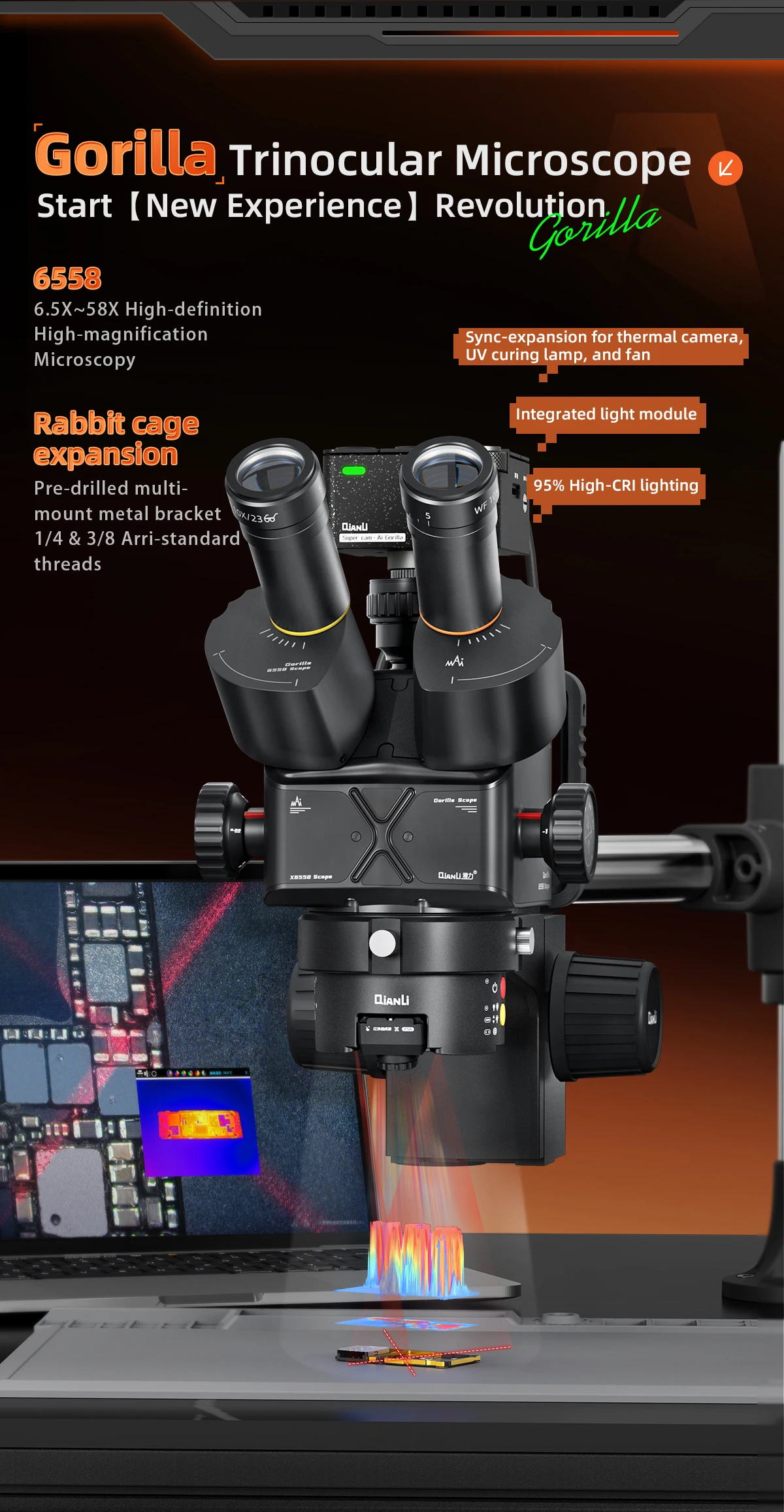 Qianli 6558 Gorilla Trinocular Microscope 6.5X-58X Zoom 4K HD
