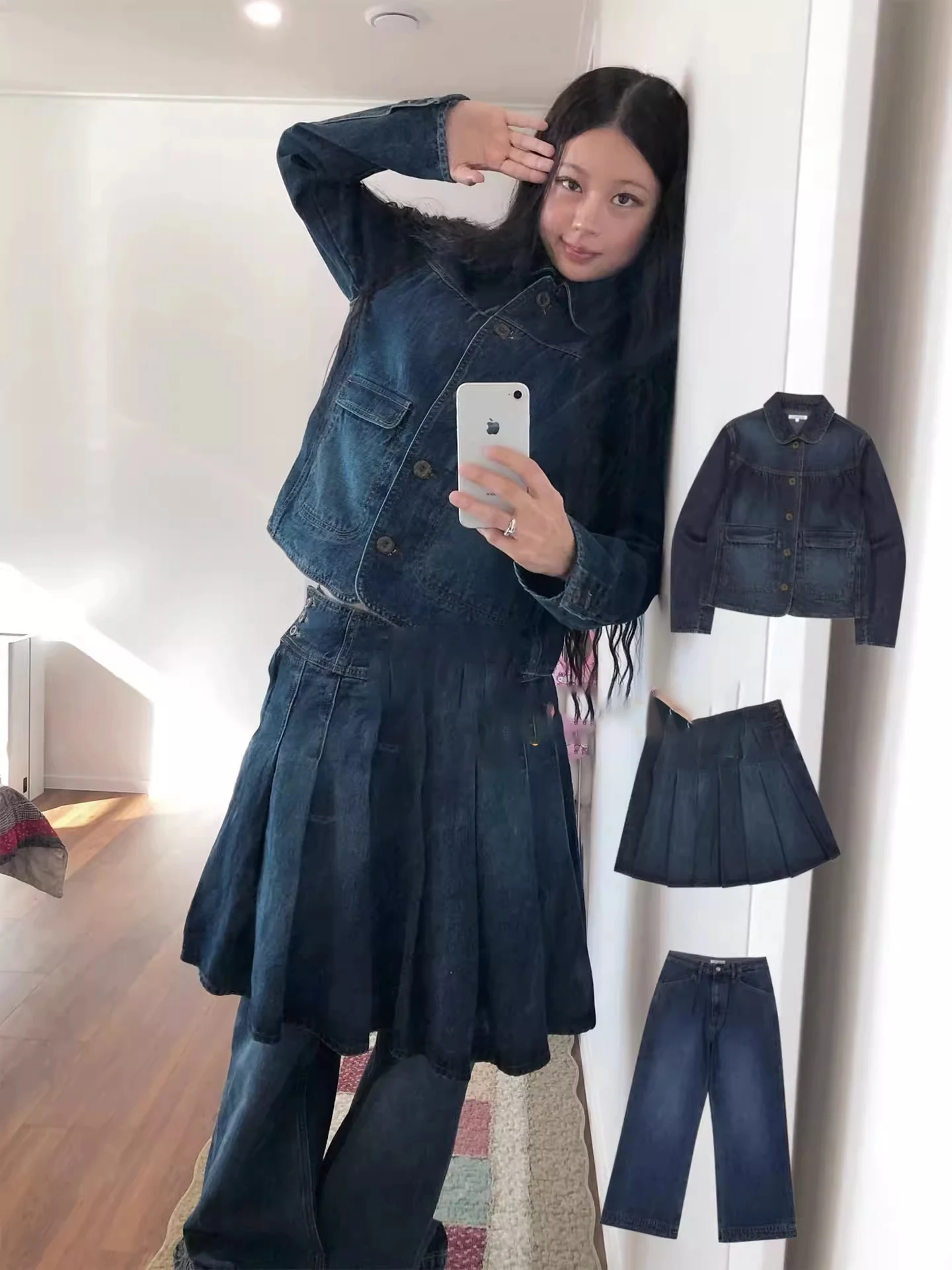 

Blue Denim Jaet Women's Small Size Autumn Winter Vintage Waed Skirt Casual Pants Tee-piece Set High Waist Long Pants