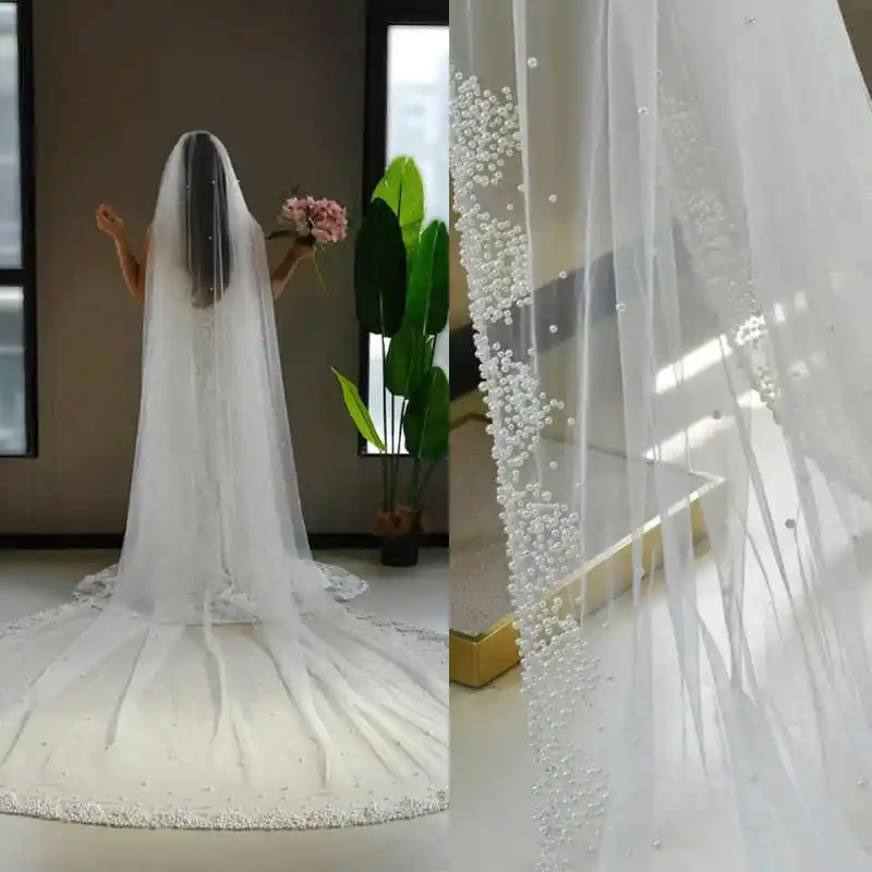 

Свадебная фата Princess White Ivory, однослойная, длинная, в пол, с жемчужной отделкой, на заказ, свадебные аксессуары