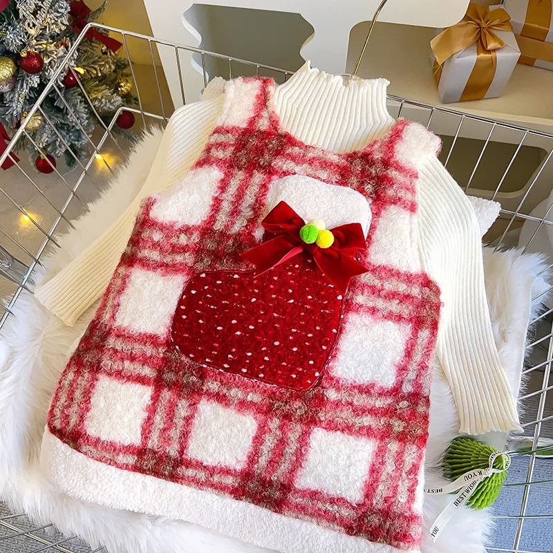 

New Girls' Vest Dress Winter New Style Skirt Quilted Fashionable Red Plaid Vest Set Dress