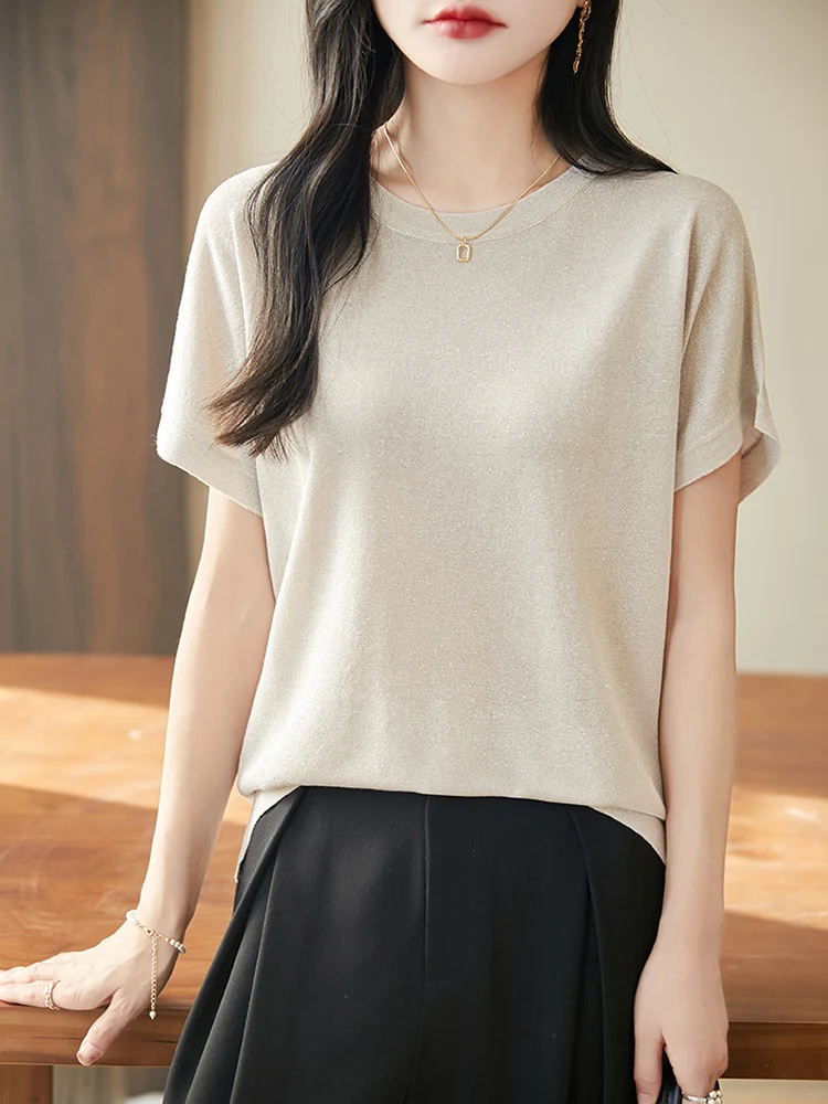 Injet camiseta de malha de seda gelo feminina verão novo redondo ne leve respirável faionable ort sve corte reto
