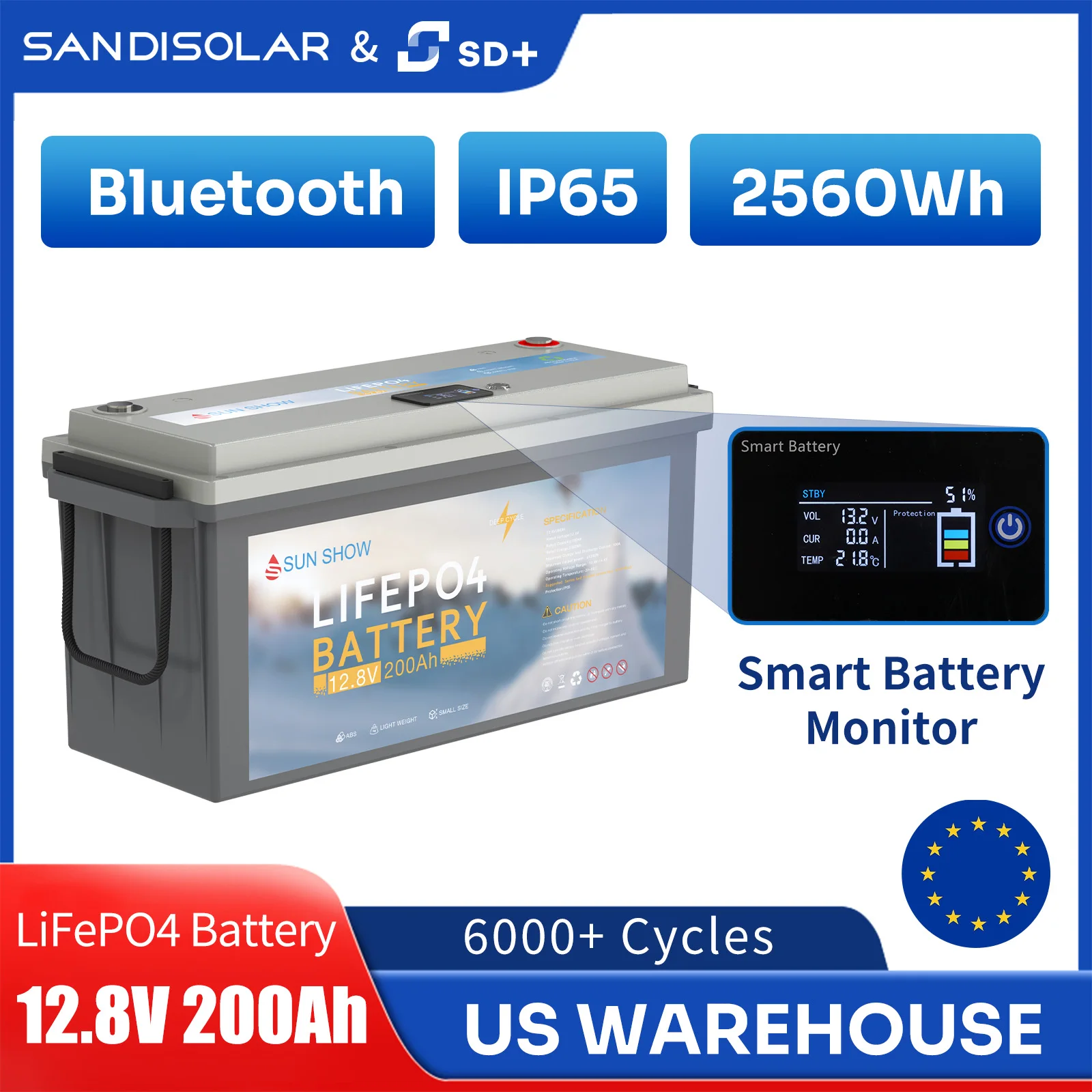 Sandisolar 12,8V 200Ah LiFePO4-Batterie Klasse A+ mit integriertem BMS, IP65, unterstützt bis zu 4S2P/2S4P-Konfigurationen, Batterie für Solaranlagen und Heimspeicher, EU-Lager
