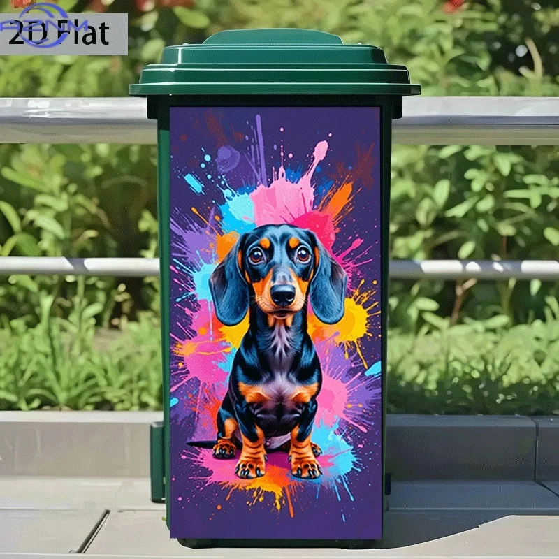 1pc Colorful Ink Dachshund Trash Can Sticker | 37x82 cm Self-adhesive Wall Decal for Kitchen Trash Bins and Home Decor