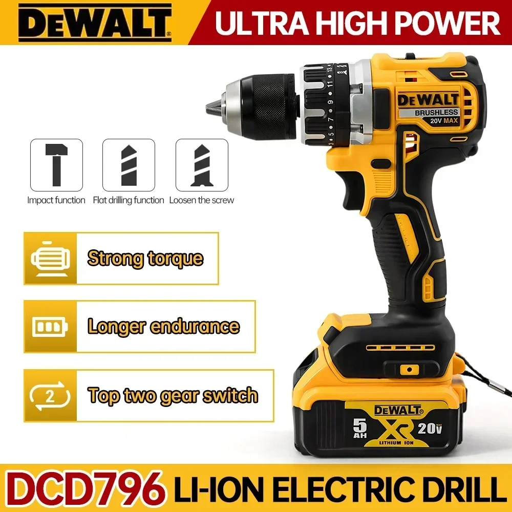 Dewalt-Perceuse à percussion sans fil DCD796, sans balais, perceuse multifonctionnelle, aste, portable, batterie 20V, outils électriques