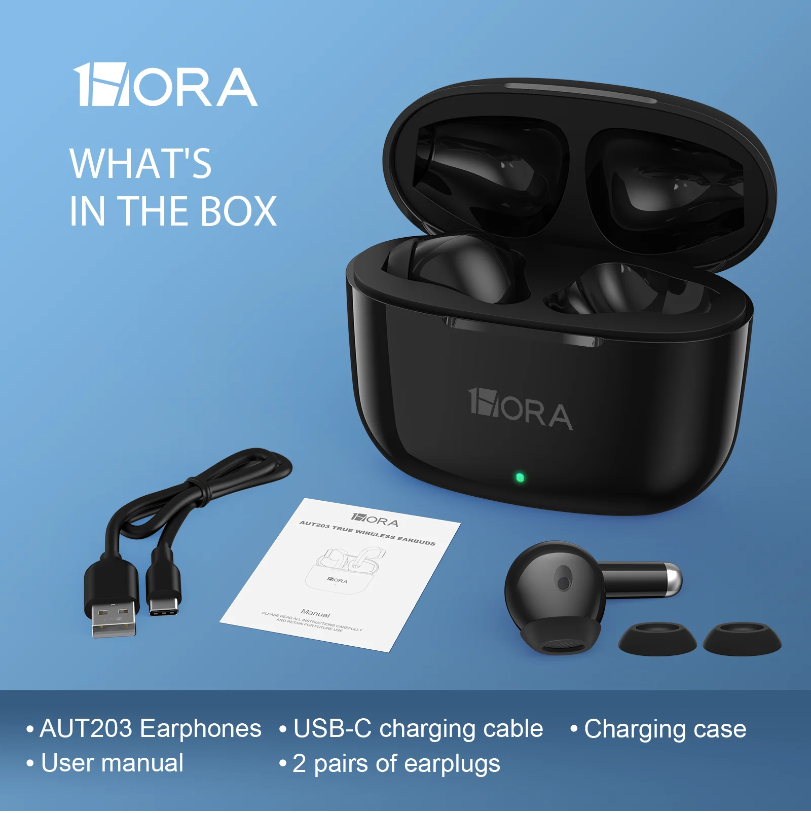 1HORA Wireless earphone AUT203 Bluetooth 5.3 Headsets Low power consumption Type-C Compatible with IOS/Android