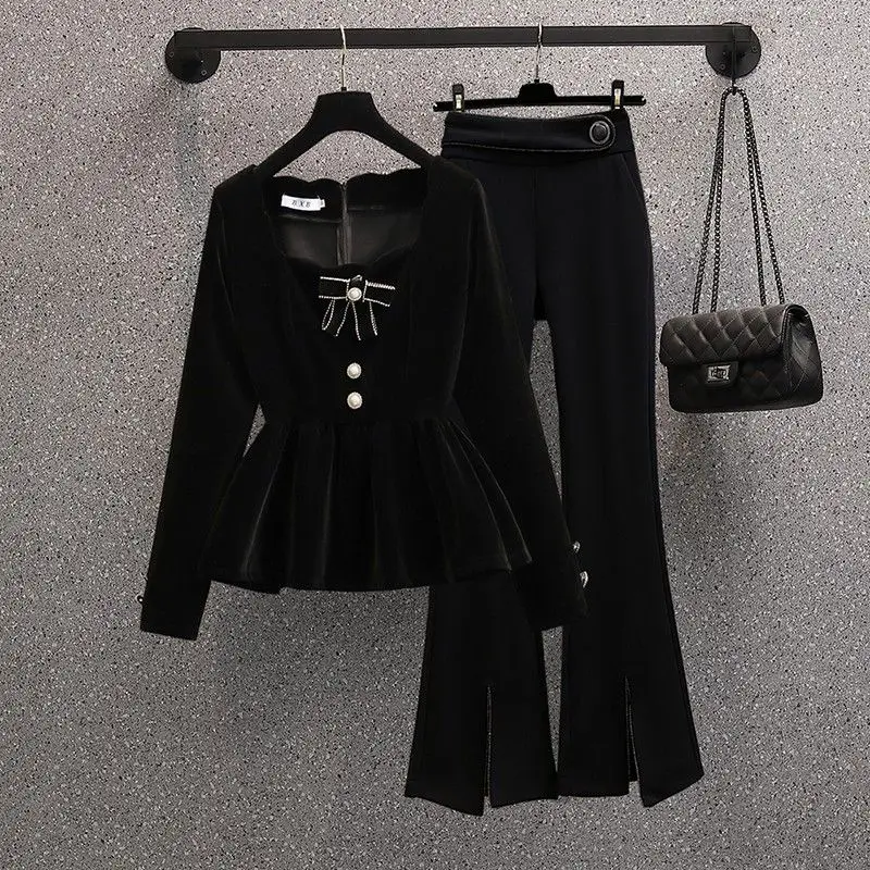 Neploe Lovely French Style Velvet Set Big Swing Set Mujer Elegant Vent Flare Wid Leg Pants Slim Fit Warm All-match Suit Trousers