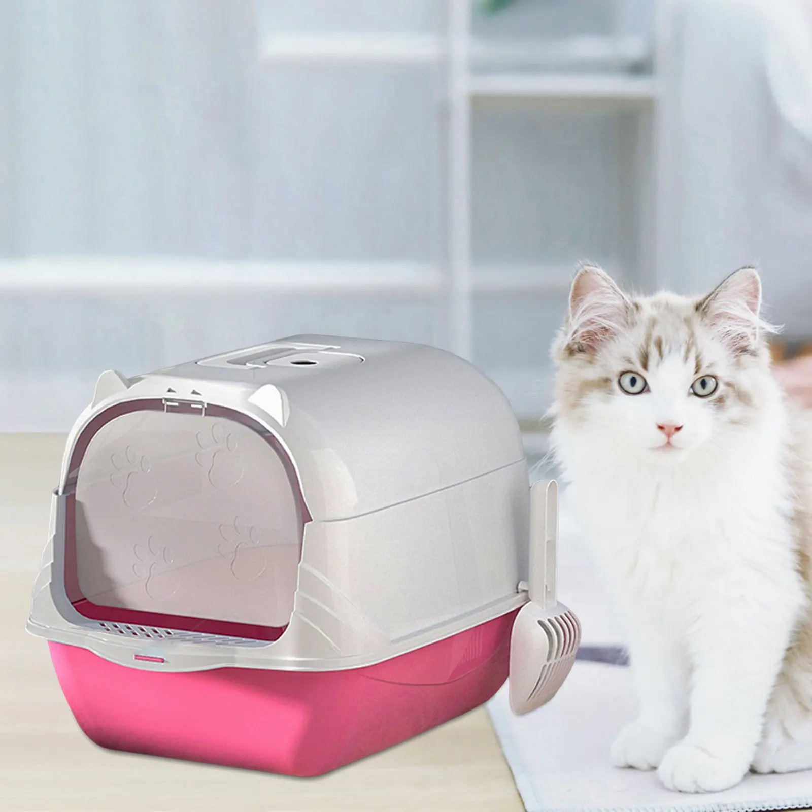 Hooded Cat Litter Box with Scoop Container Durable Kitty Litter Tray with Front Door Pan Bedpan Fully Enclosed Cat Toilet