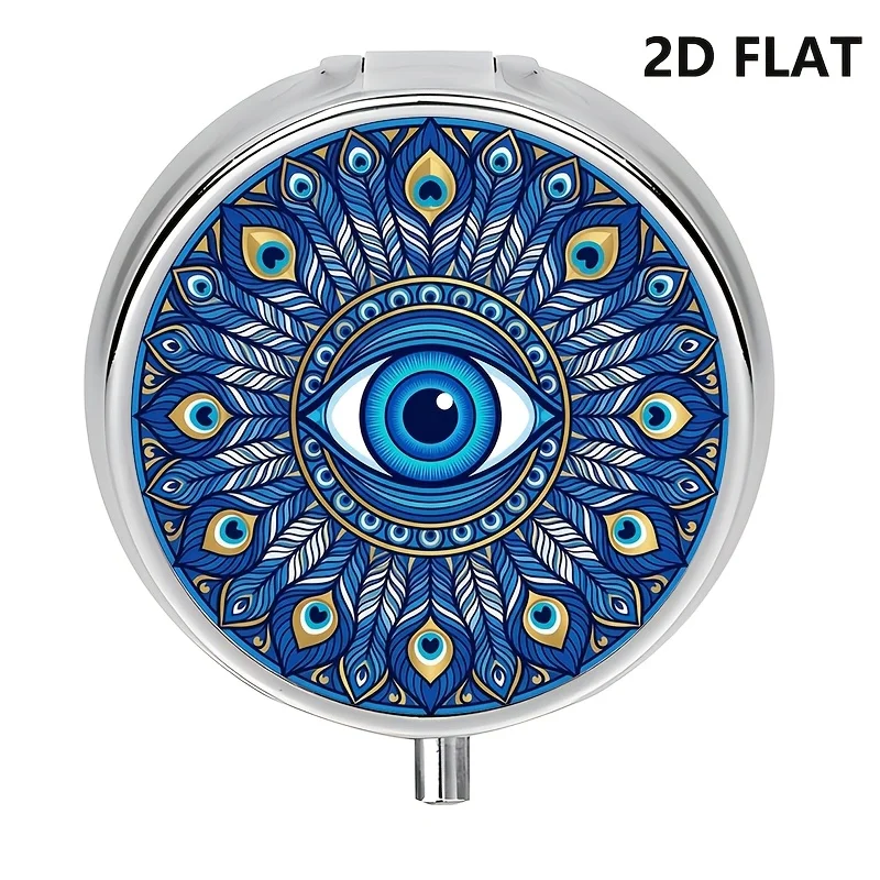 Single pack, flat, pill box, peacock feather evil eye mandala art pattern, mini decorative portable pill box, metal mini medicine storage box