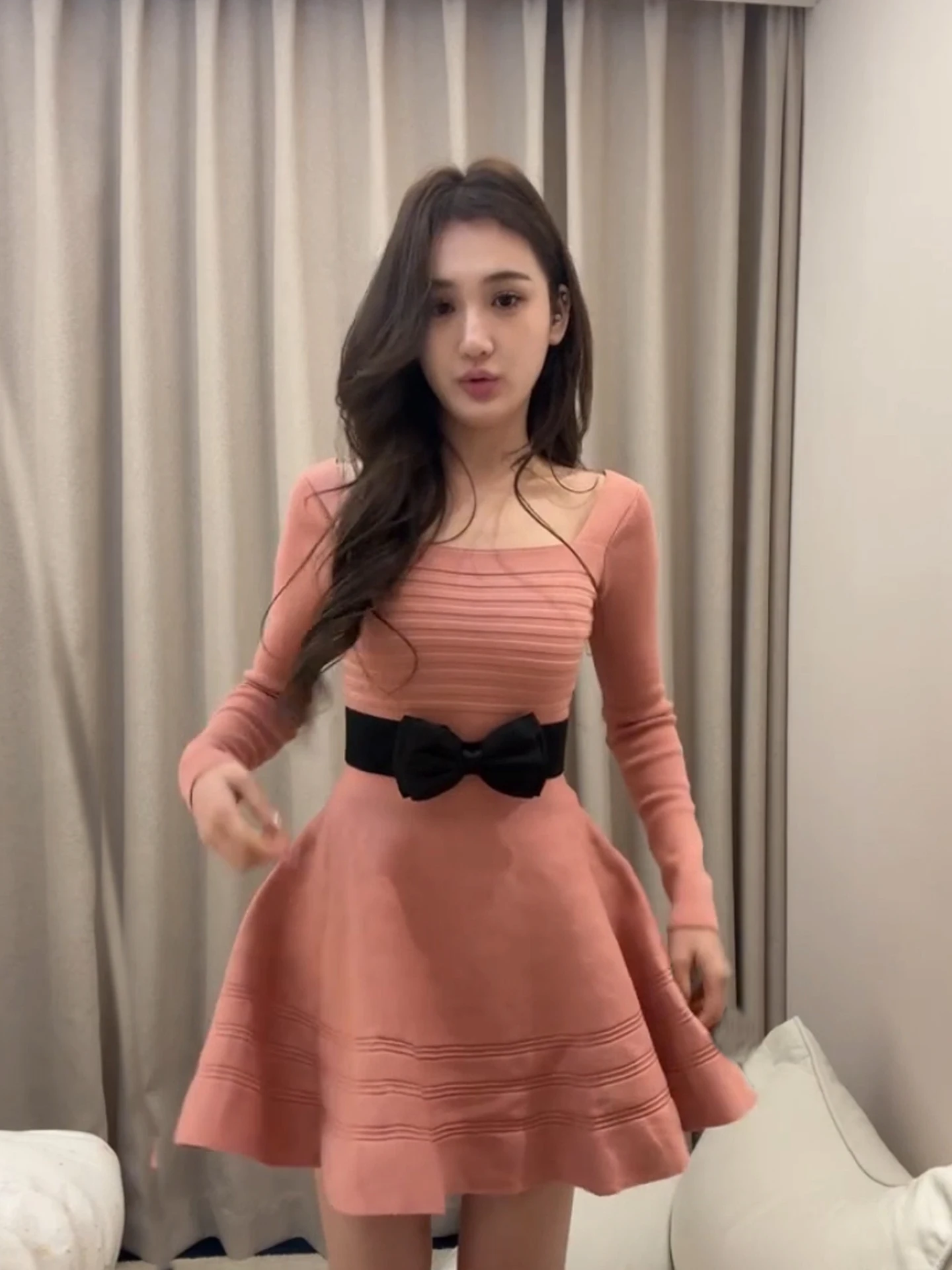 

XZY Knitted Long Sve Dr Women's plus Size Winter Gentle Waist Cinched ort Skirt A-Line Polyester Fiber Casual Wear