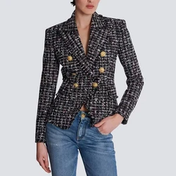 Women's black and pink color check tweed wool whiskers waisted blazer, fashion slim jacket top, high quality, 2024, autumn, new,