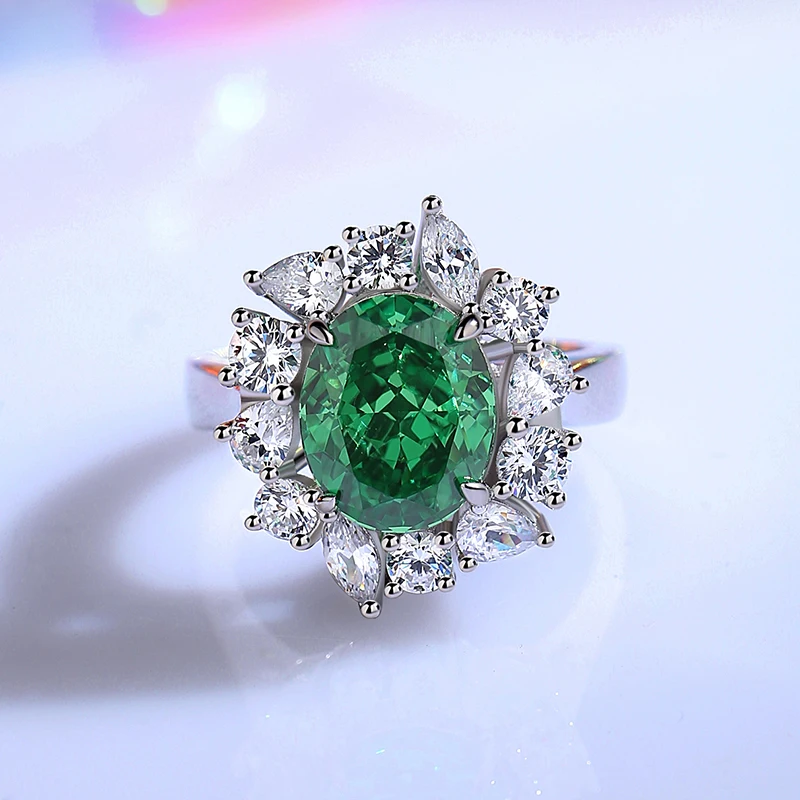 S925 Sterling Silver Emerald Ring for Women High Carbon Diamond Radiant Ice Flower Cut Colored Zircons Finger Jewelry Present
