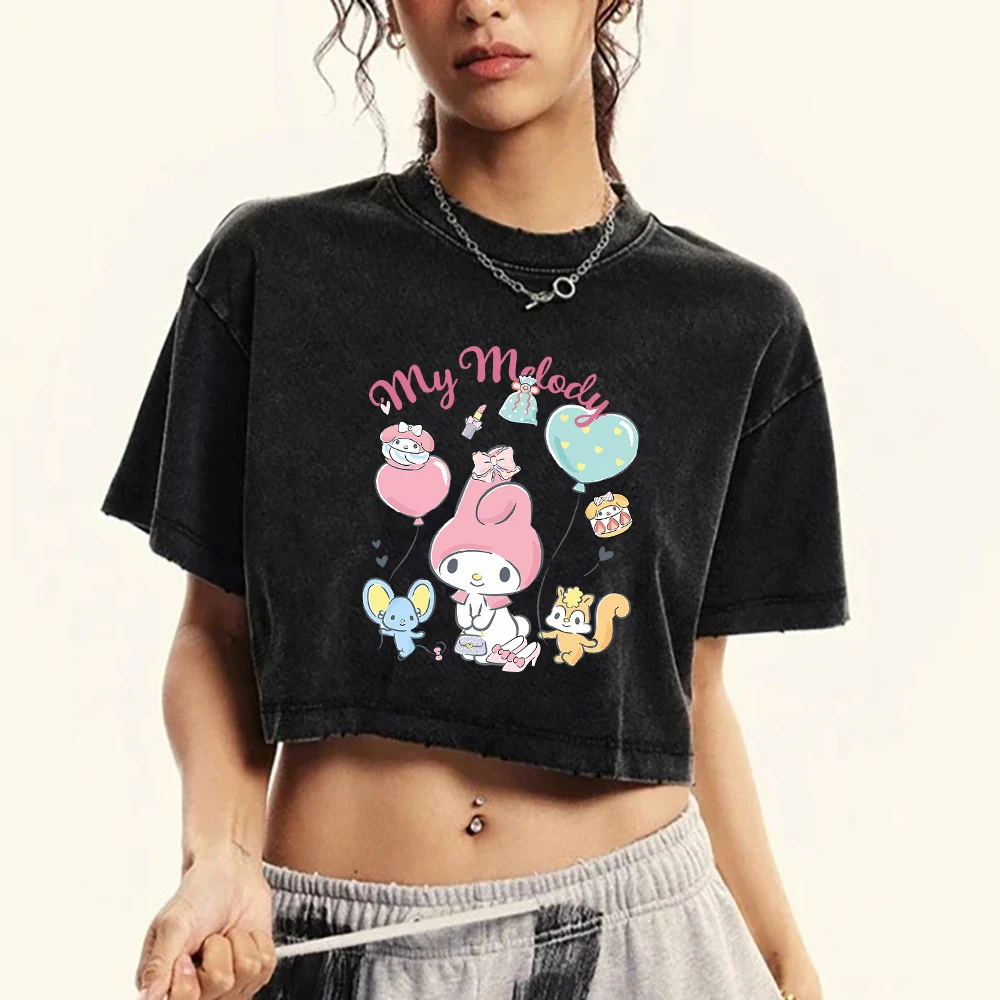 Sanrio Melody My Melody Woman T-Shirts Summer American Retro Cotton Tees Loose Short Comics Navel Exposed Crop Medium Strecth