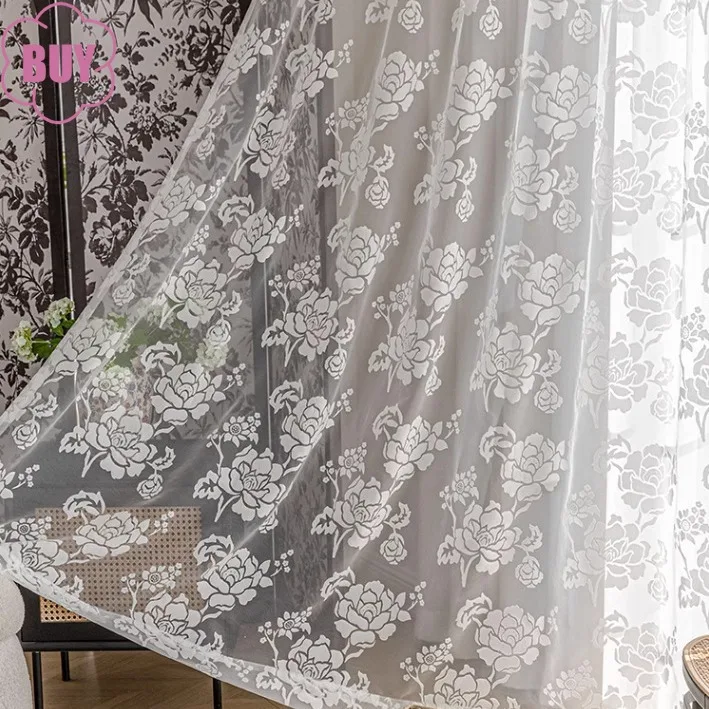 Chinese Style Light Shadow Peony Jacquard Window White Screen Curtains for Living Room Bedroom French Window Balcony Bay Window