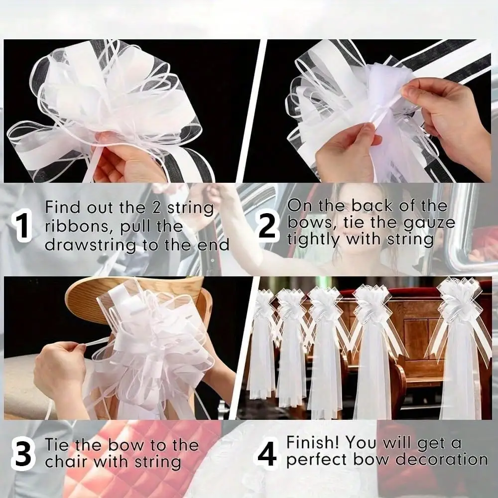 1/4/10 trouwjurken, lange sluiers, staart kerkstoelen, trouwauto decoraties, bruidsfeesten, recepties, witte strikken