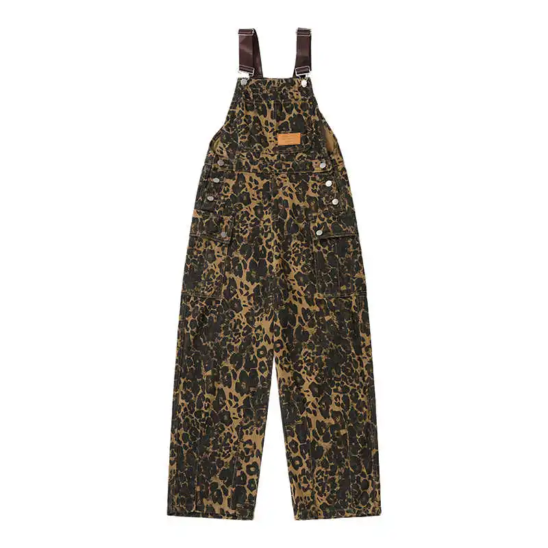 

Street Style Leopard Print Overalls For Women Vintage All Match Casual Jeans Straightleg High Waisted Floor Length Pants