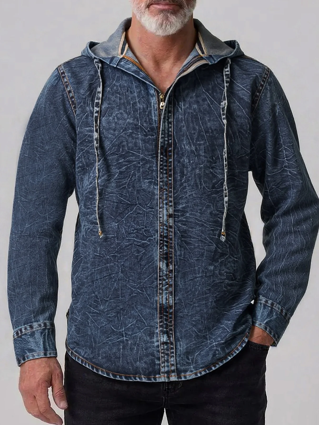 Original New Men's Hooded Denim Shirt, Spring and Autumn Tie-Dye Denim Jacket, American Retro Hand-Washed Distressed Texture Design, Zip-Up Long Sleeve Denim Coat, Casual Versatile Style, Daily Commute Streetwear for Layering or Solo Wear