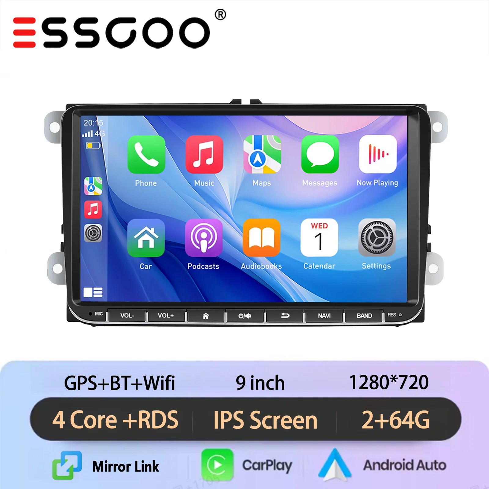 ESSGOO 9 inch Android 15 64GB autoradio voor VW Golf MK5 6 Passat Polo Touran Caddy EOS Jetta Seat Skoda met draadloze Carplay GPS navigatie BT