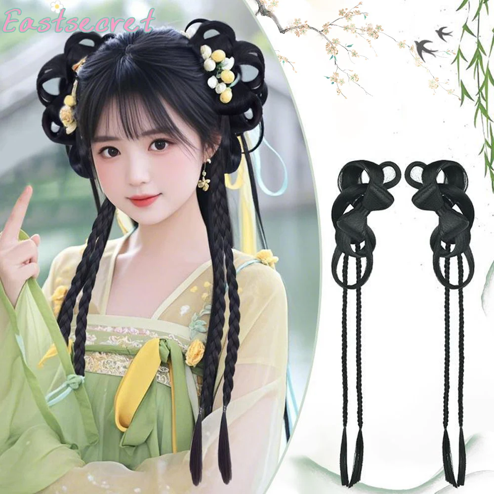 EAST Integrated Hanfu Wig Full Hair Braided Bun Headwear Ancient Style Hairdo Accessory for Women Hair Extension Ponytail