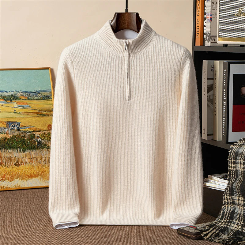 100% suéter de caxemira pura meia gola alta masculino meio zíper yuanbao ponto engrossado camisola outerwear camisa base de malha