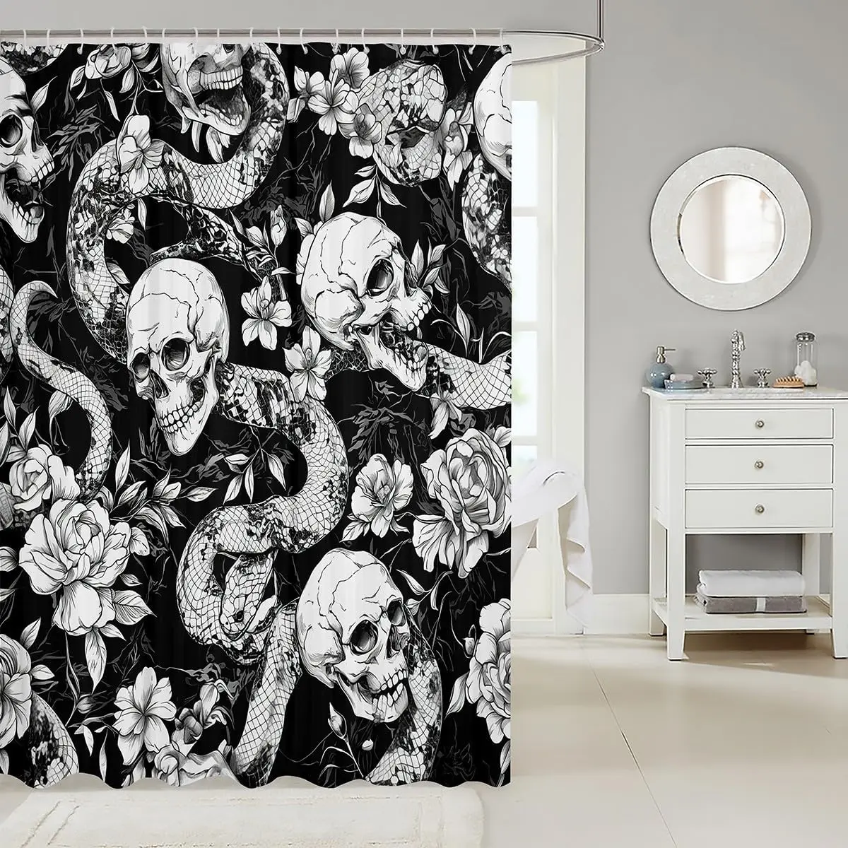Gothic Skull Snake Floral Shower Curtain Black and White Macabre Bathroom Decor Art Statement Print 72x72 Inches