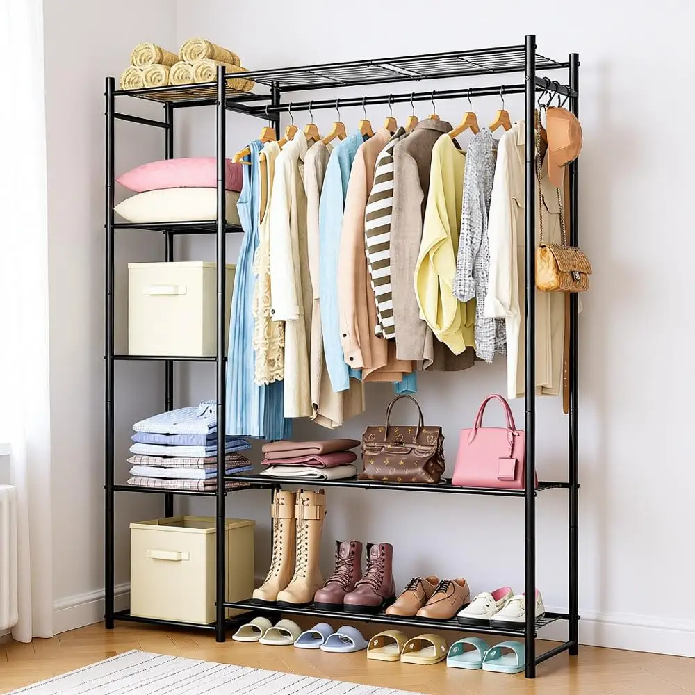 

Portable Clothes Rack with 4 Tiers Shelves, Closet Organizer Storage System, Hanging Rods, Steel Clothing Rack for Cloakrooms, B