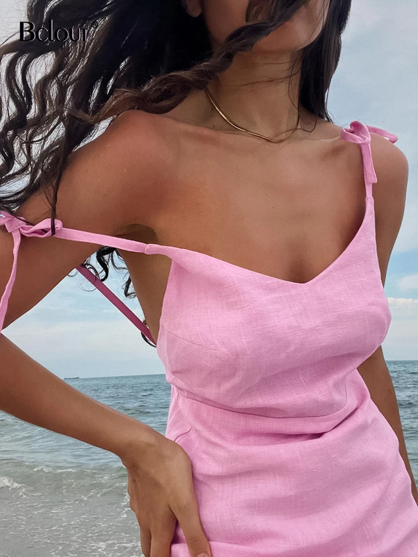 Bclout Summer Linen Pink Dress Women 2024 Fashion Spaghetti Strap V-Neck Sexy Mini Dresses Casual Cotton Solid Party Slim Dress