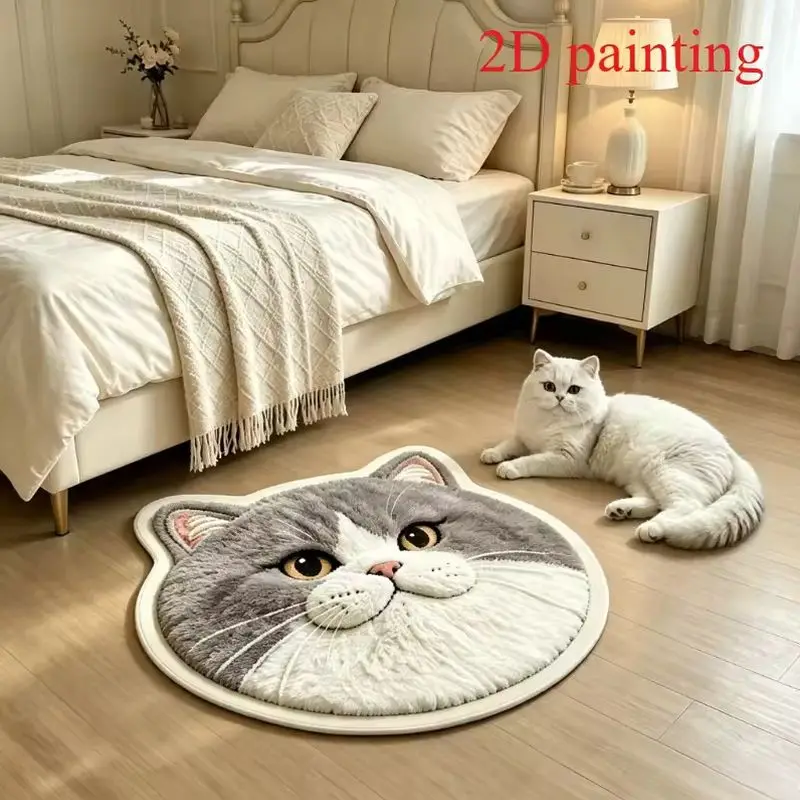 VIKAMA 3D Cute Orange Tabby Cat Head Shaped Rug Fluffy Non Slip Bedroom Bedside Mat Lovely Pet Animal Home Decor Floor Carpet
