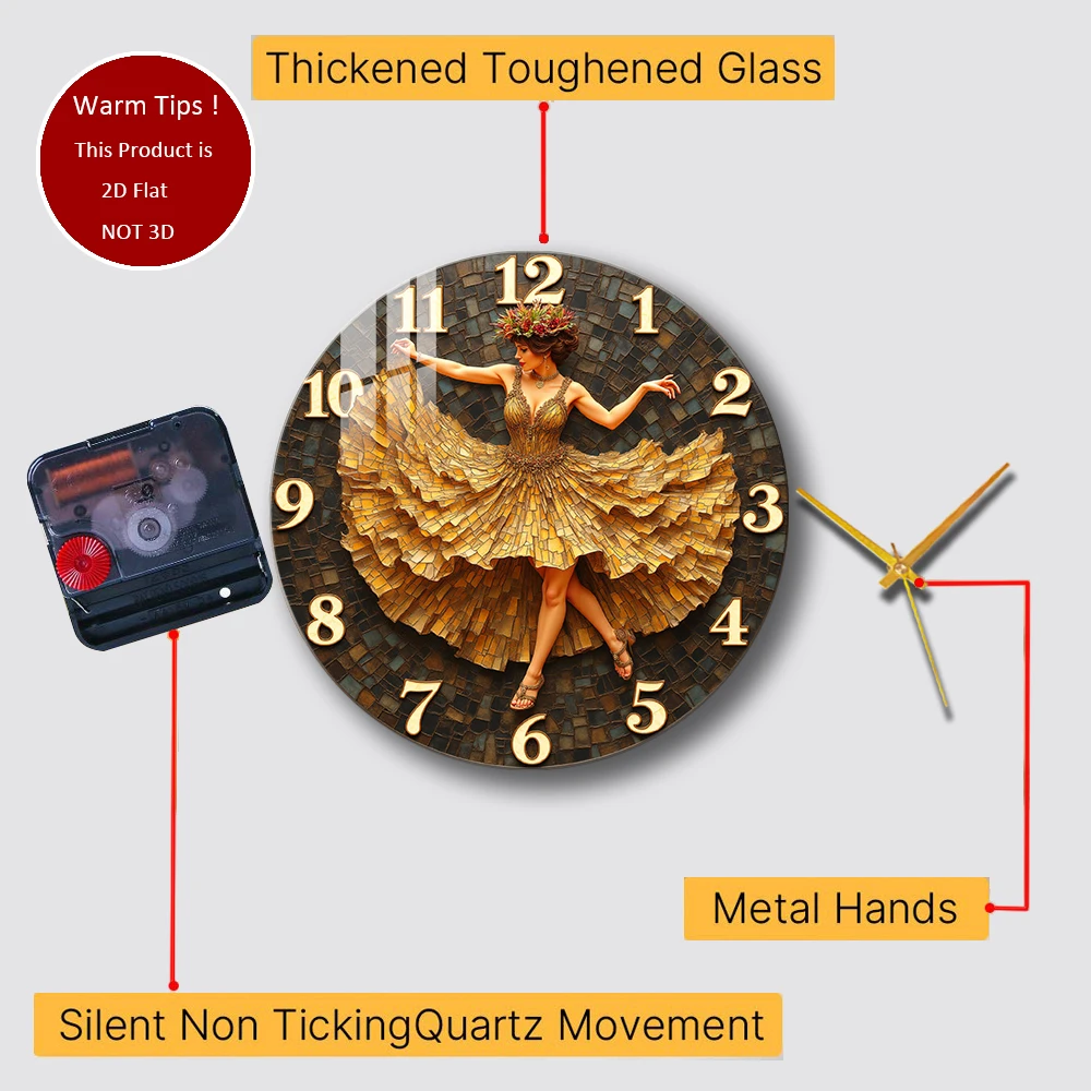 Tempered Glass Wall Clock Dancing Woman Mosaic Clock Dress Suitable For Wall Decor or Tabletop Display Anywhere