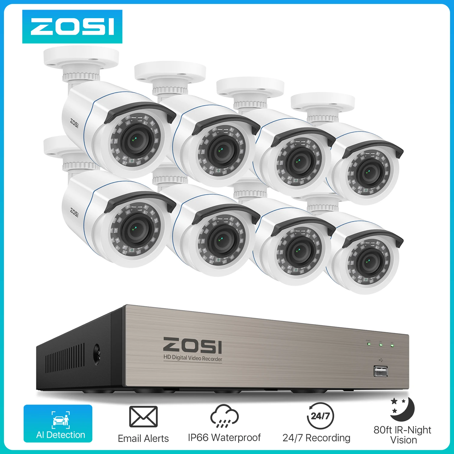 ZOSI 1080p Home Security Camera Kit with H.265+ 8CH DVR 2MP IR Night Vision Waterproof Outdoor Wired Video Surveillance System