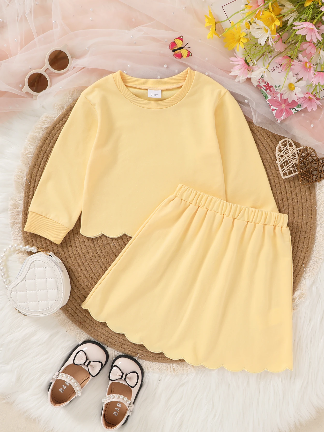 

Toddler Girls Autumn Cute Solid Long Sleeve Ruffle Trim Sweatshirt & Elastic Waist Skirt 2PCS