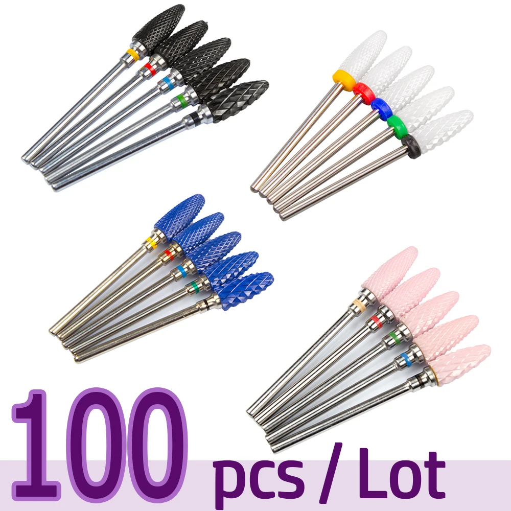 100pcs/lot Ceramic Nail Drill Bits Milling Cutter for Manicure Set Nails Files for Removing Gel Nail Polish Mill Cutter 3/32Inch