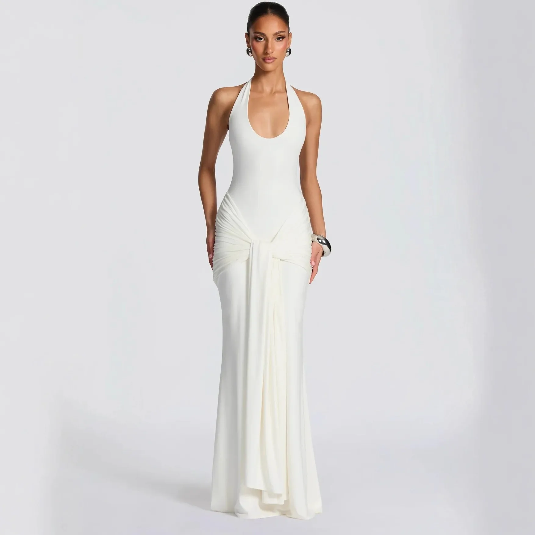 Women's Elegant Wedding Guest Dress: Sleeveless U Neck High Waist Wrap Long Solid Color Knit Cut Out Pullover Prom Party Dress