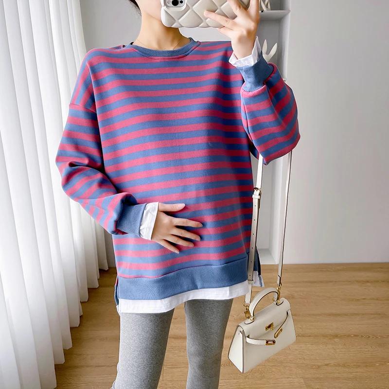 Pregnancy Hoodies Striped Spring and Autumn Pregnant Women Fashion Loose Fleece Jacket Navy Blue Maternity Casual Sweatshirts