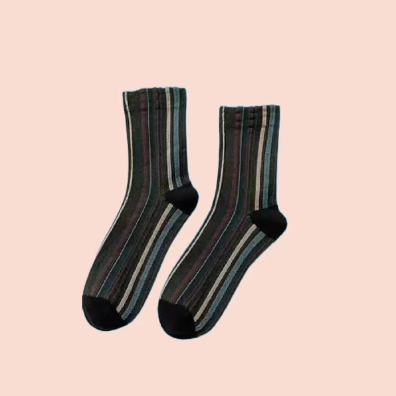 

5/10 Pairs Japanese Cotton Tea Color Striped Mixed Bag Women's Bag One Size Retro Middle-Tube Socks Autumn and Winter New Socks