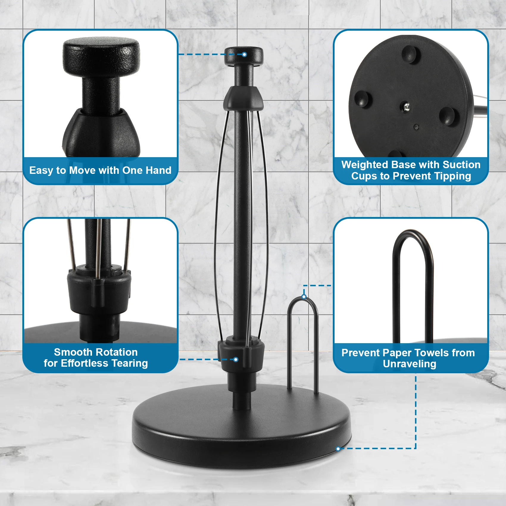 A23P Paper Towel Holder Countertop, Paper Towel Stand With Ratchet System For Kitchen Bathroom Black