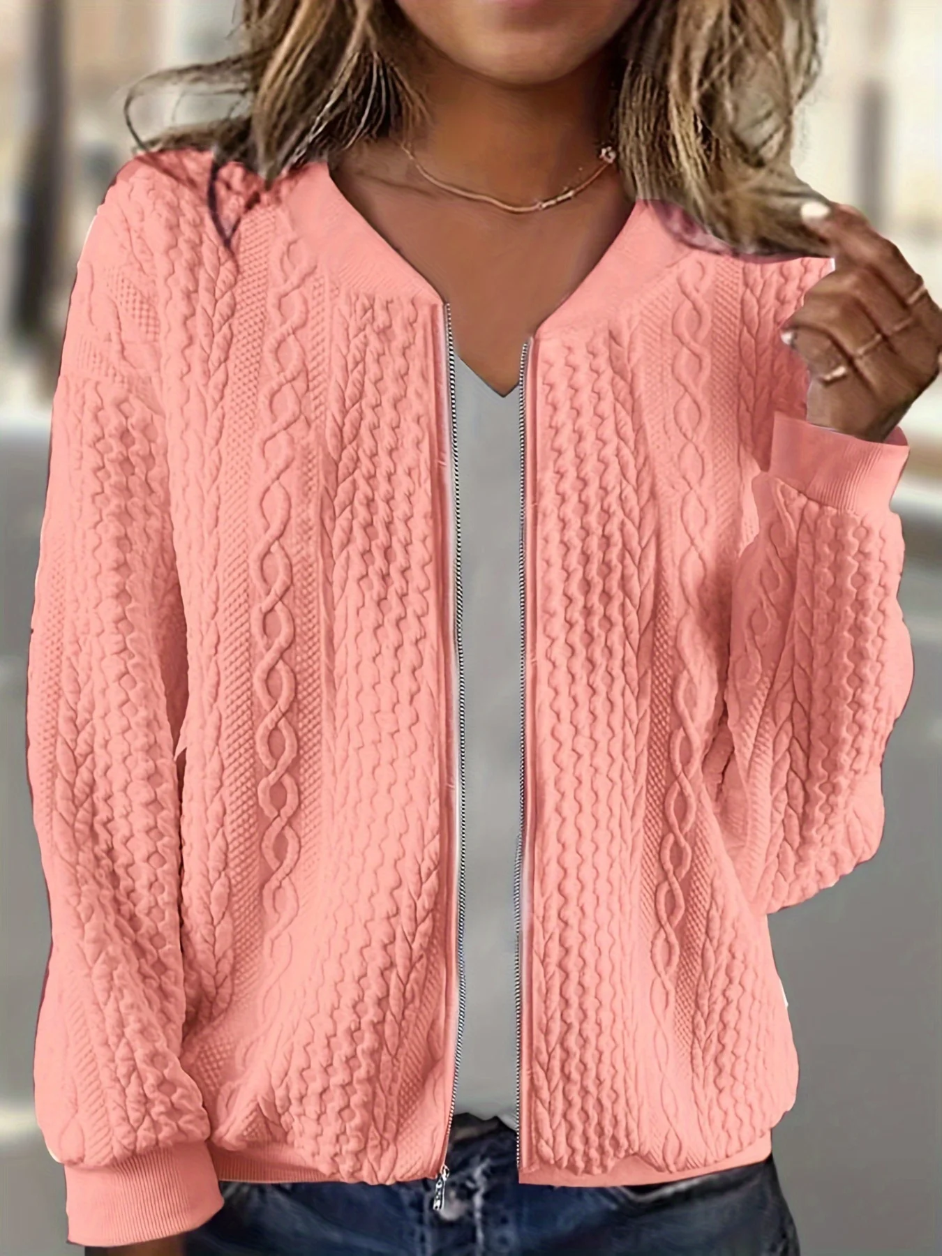 

Plus size women's cable knit V-neck zip-up short jacket loose zip long sleeve pocket slimming daily commute cardigan top
