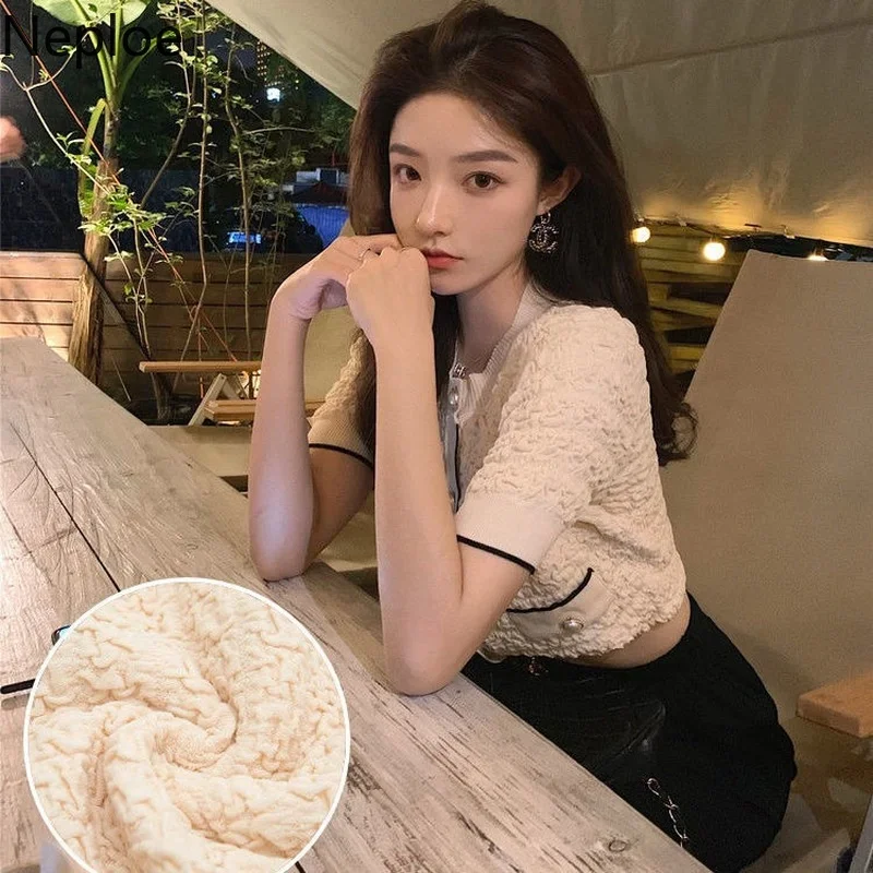 Neploe Elegant Cardigans Women Blouses Fashion O Neck Short Sleeve Knitted Shirts 2023 Summer Blusas Korean Ladies Crop Tops