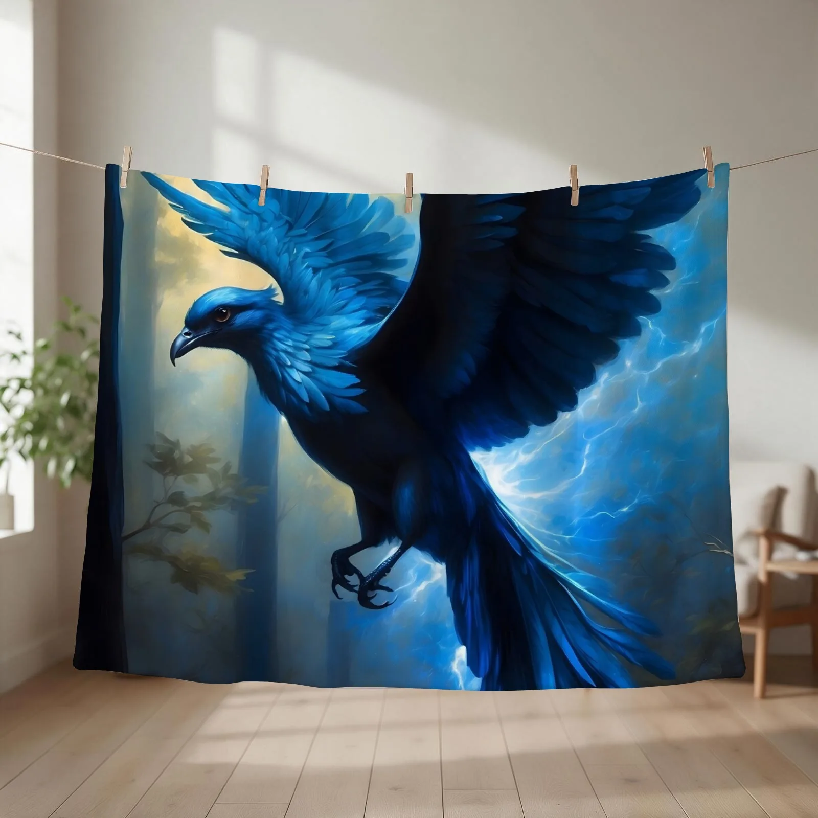 Glowing Blue Bird in Flight Throw Blanket couch cozy soft plush fuzzy picnic outdoor blanket