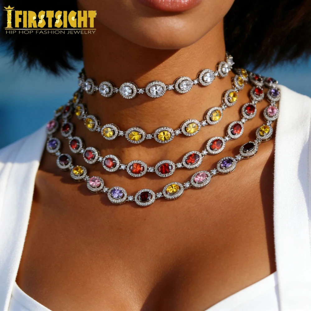 

New Iced Out Bling Hip Hop Oval CZ Paved Sparking Colorful Stone Necklace Tennis Rainbow Zircon Choker Women Jewelry