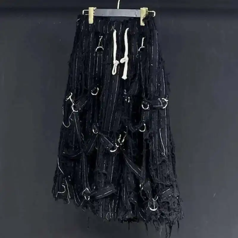 Men's Rough Edge Denim Shorts Summer New  Elastic Waist Floating Rope Darkwear Advanced Personality Design XVFGT6