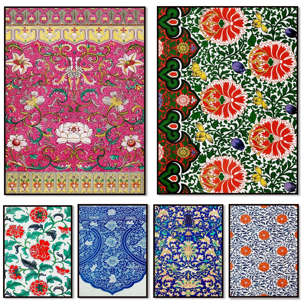 Chinese Abstract Floral Art Poster, Oriental Patterns and Prints Vintage Wall Art Canvas Painting for Home Interior Decoration