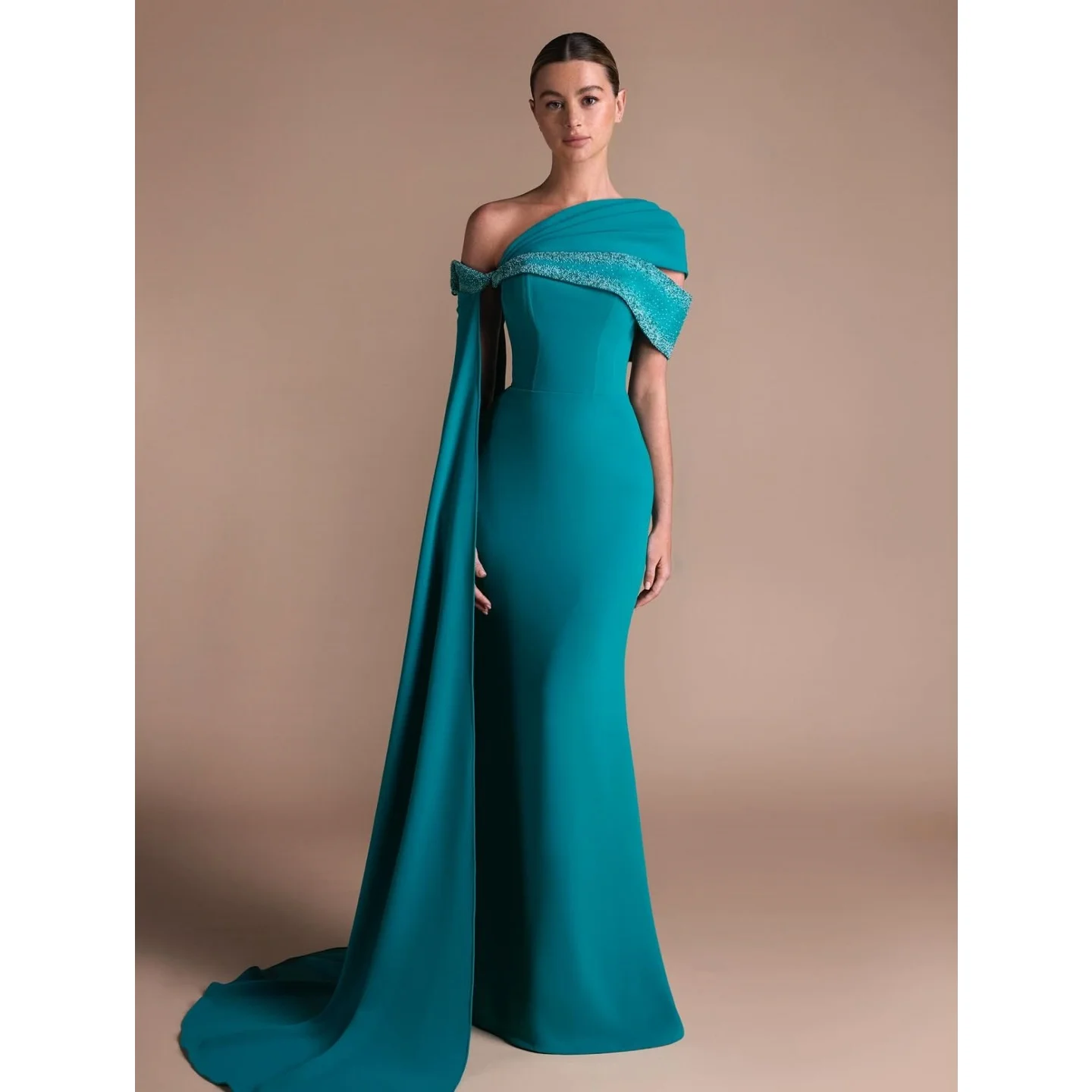 Dubai Saudi Luxury Evening Dresses Off Shoulder Cape Prom Dress Pleated Beadings Saudi Women Wedding Dresses Customized