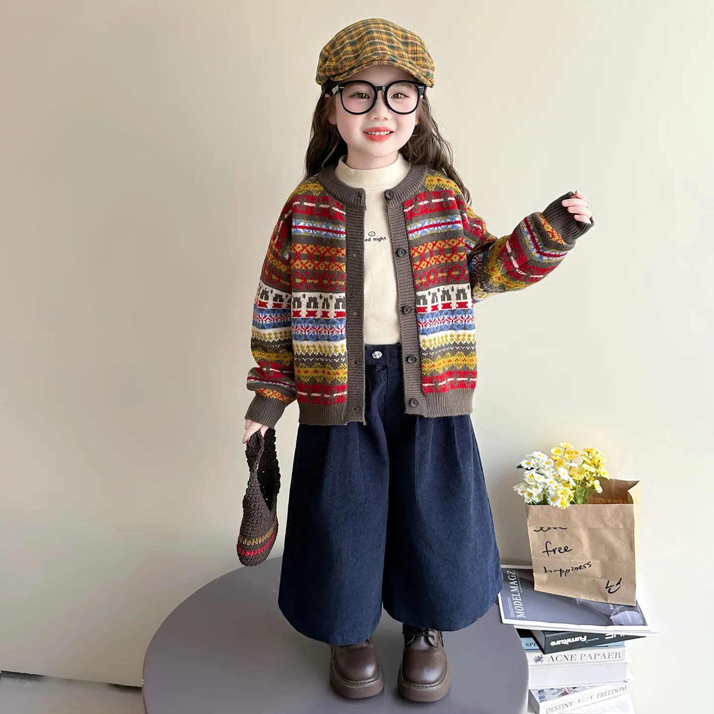 2026 Girls Fall Set 2026 New Fair Style Baby Girl Knit Cardigan Wide Leg Pants Kids Fall Outfit Trendy