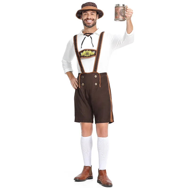 

Men Bavarian Oktoberfest Lederhosen Costume Set Plaid Shirt Suspenders Hat German Beer Festival Adult Cosplay