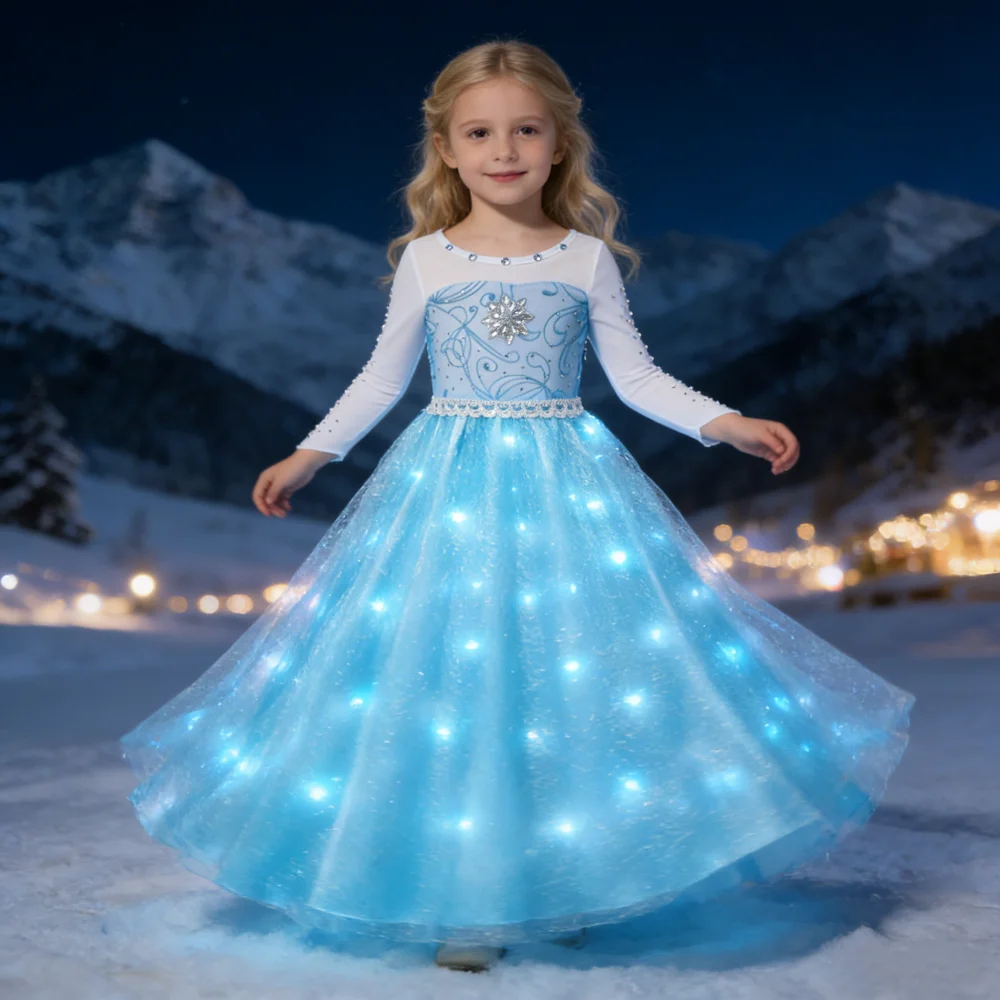 

Детские костюмы королевы снега со светодиодной подсветкой для девочек, карнавальное платье для выпускного вечера, халат Эльзы, детское платье принцессы, платье на день рождения
