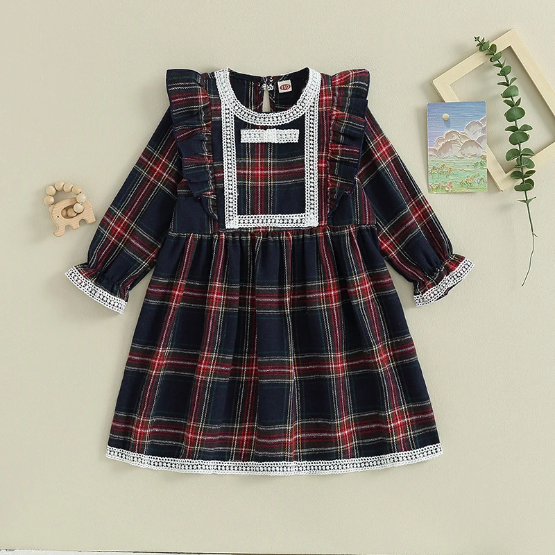 

Vintage Plaid Swing Dress with Long Sleeves and Lace Trim Casual Crewneck A-line Dress for Girls Christmas Party