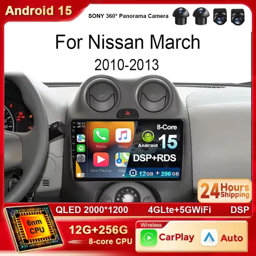 Android 15 para Nissan March MICRA 2010 2011 2012 2013 4G Radio de coche Audio vídeo reproductor multimedia navegación GPS 12 + 256G Carplay