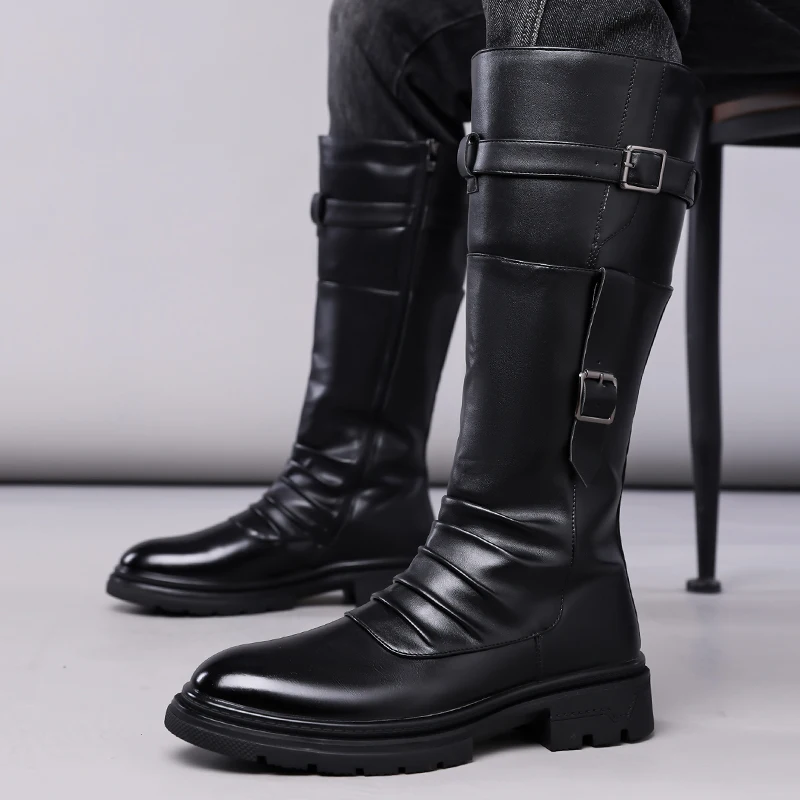 big size men casual stage nightclub high boots black brown genuine leather shoes cowboy platform boot cool long motorcycle botas