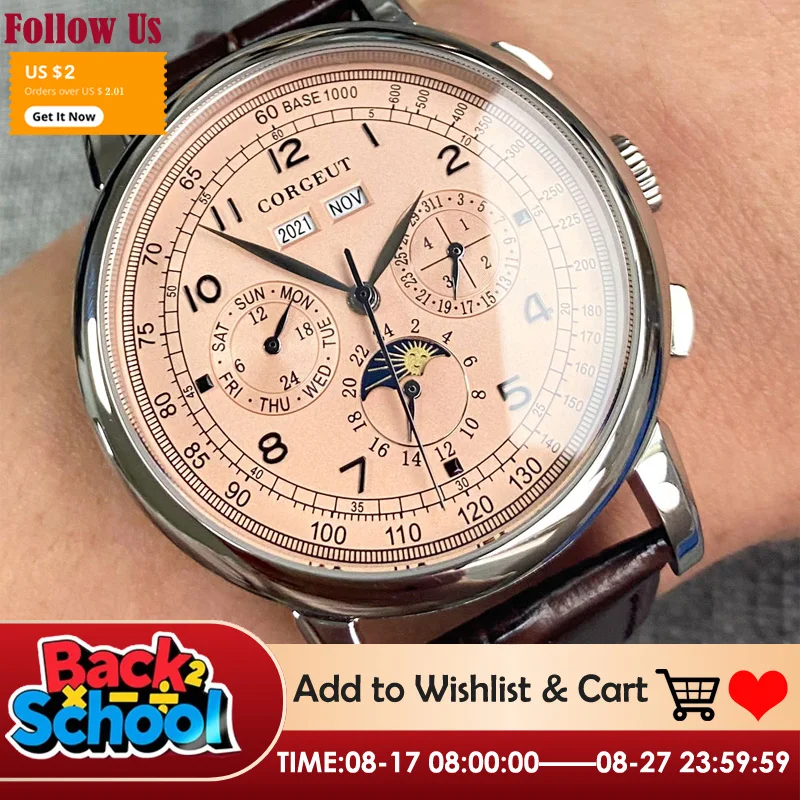 

Corgeut 42mm Automatic Men's Watch Date Day Month Year Salmon Dial Multifunction 316L Leather Strap Polished Case Day Night